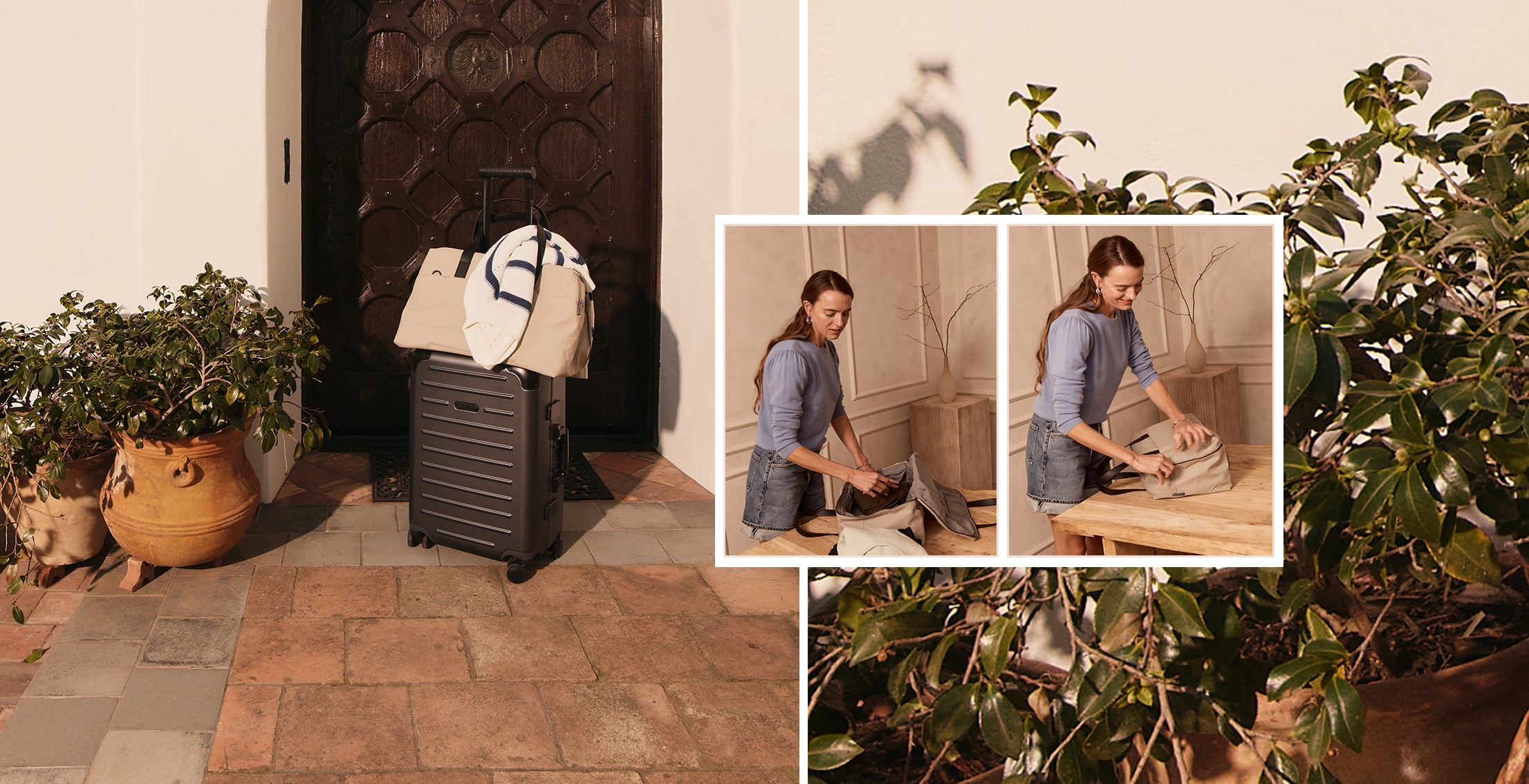 Eco-conscious travel enthusiast packs sustainable luggage and sustainable spring clothes for a weekend getaway. 