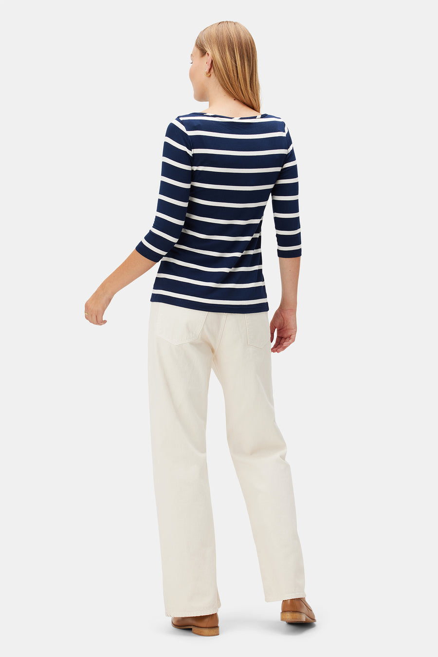 Francoise 3/4 Sleeve Dream Knit Tee - Ivory Navy Rugby Stripe