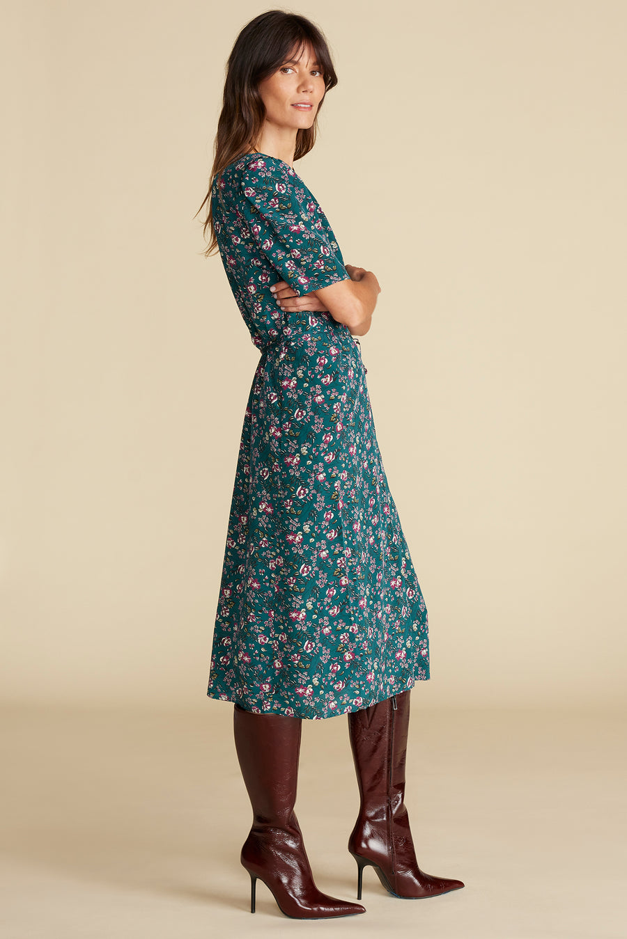 Nicolette Washable Silk Dress - Chloe Green Floral Print