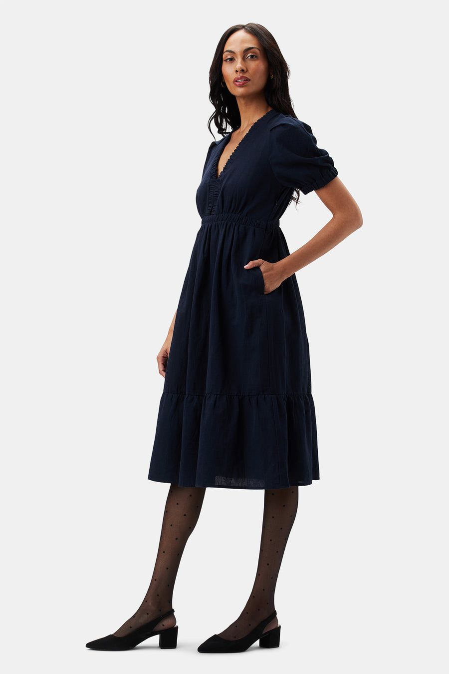 Danielle Cotton Linen Dress - Navy Blue