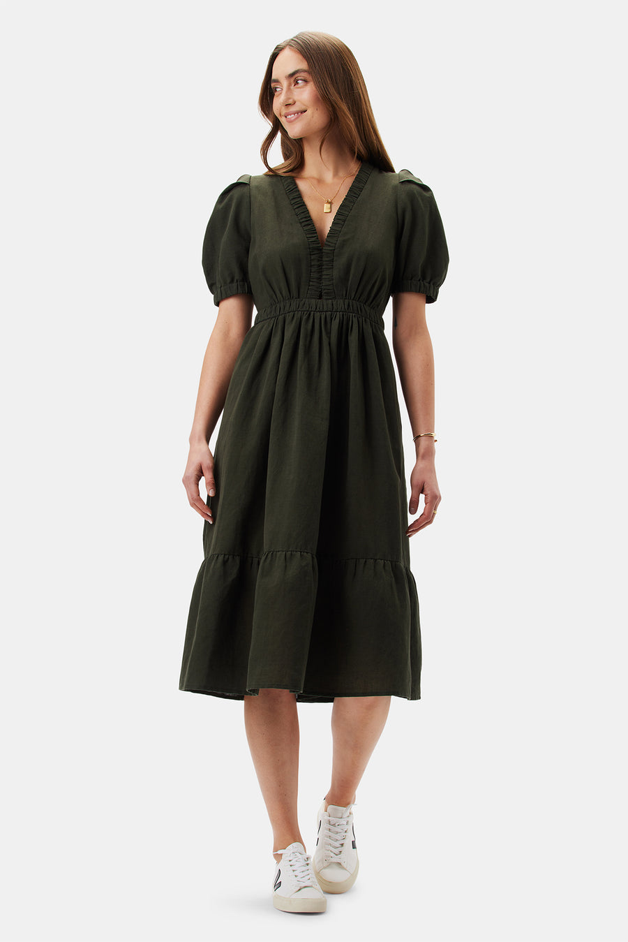 Danielle Cotton Linen Dress - Olive Green