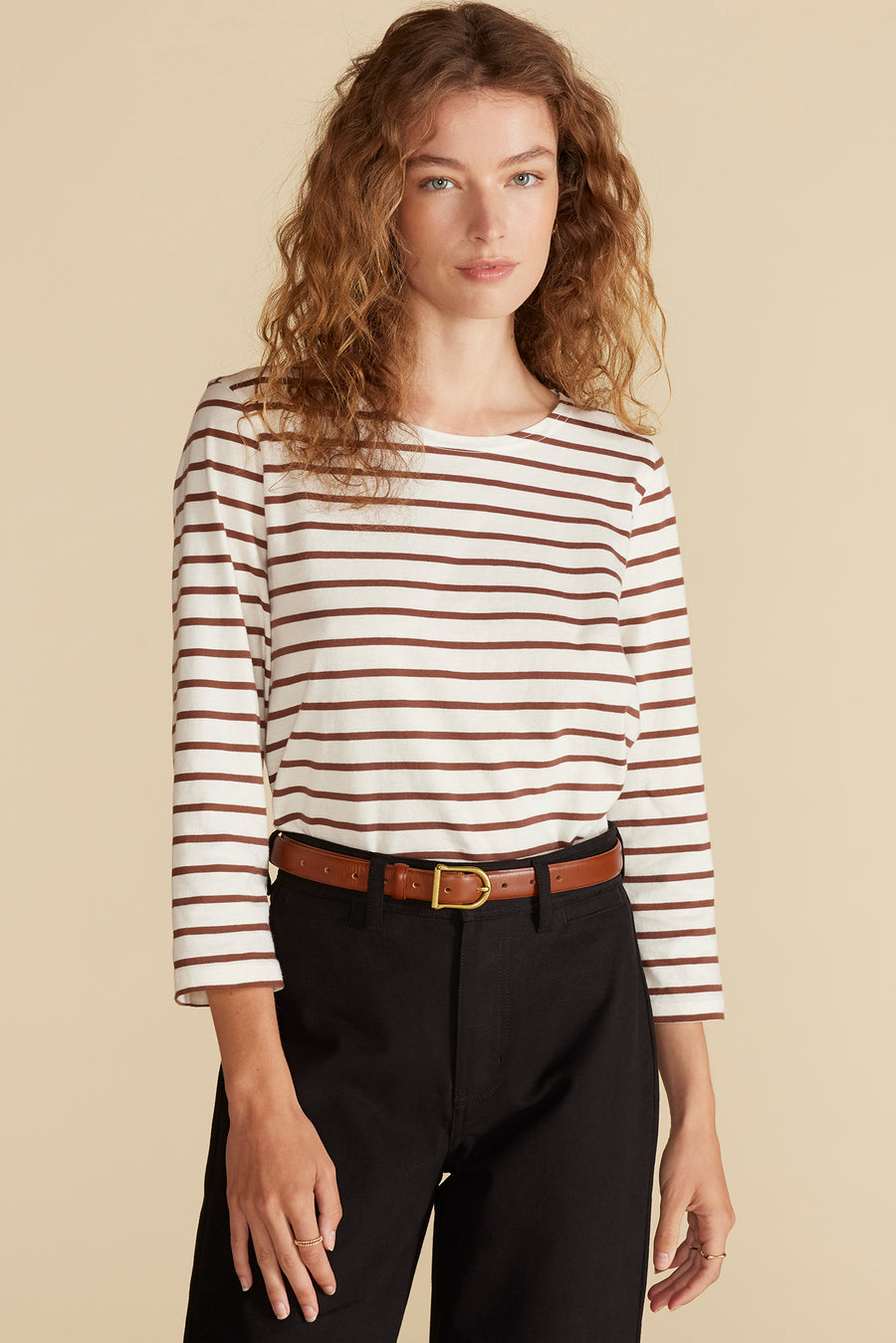 Francoise Organic Cotton Tee - Ivory and Espresso Brown Stripe