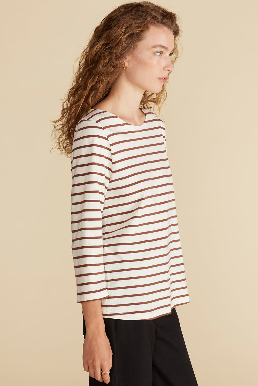 Francoise Organic Cotton Tee - Ivory and Espresso Brown Stripe