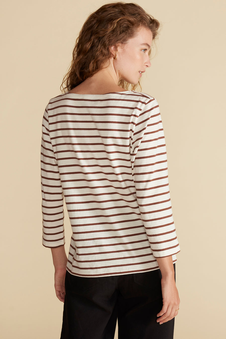 Francoise Organic Cotton Tee - Ivory and Espresso Brown Stripe