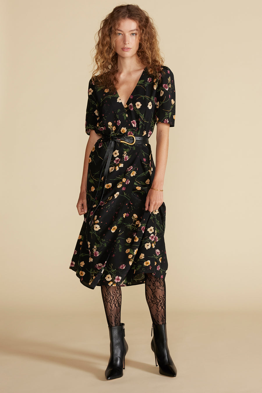 Nicolette Washable Silk Dress - Black Margeuritte Wildflower Print