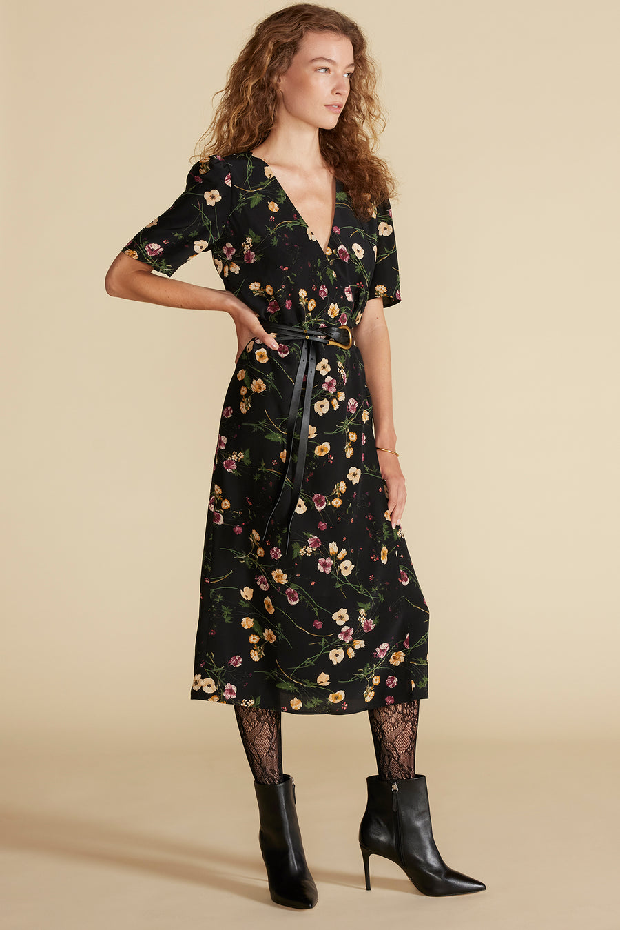 Nicolette Washable Silk Dress - Black Margeuritte Wildflower Print