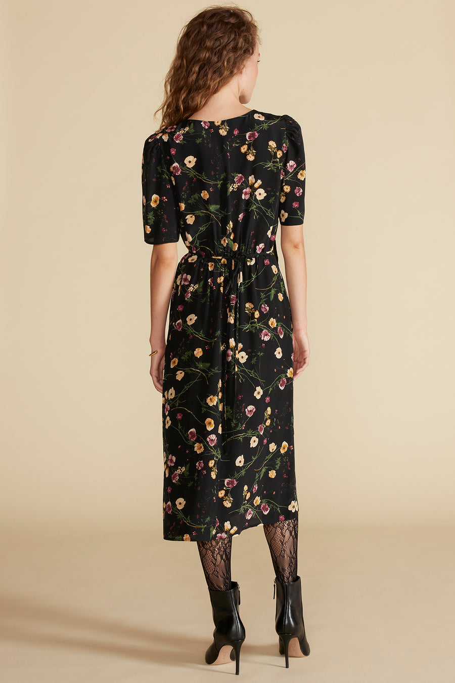 Nicolette Washable Silk Dress - Black Margeuritte Wildflower Print