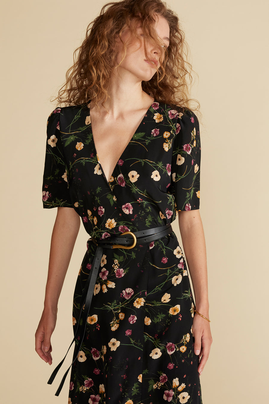 Nicolette Washable Silk Dress - Black Margeuritte Wildflower Print