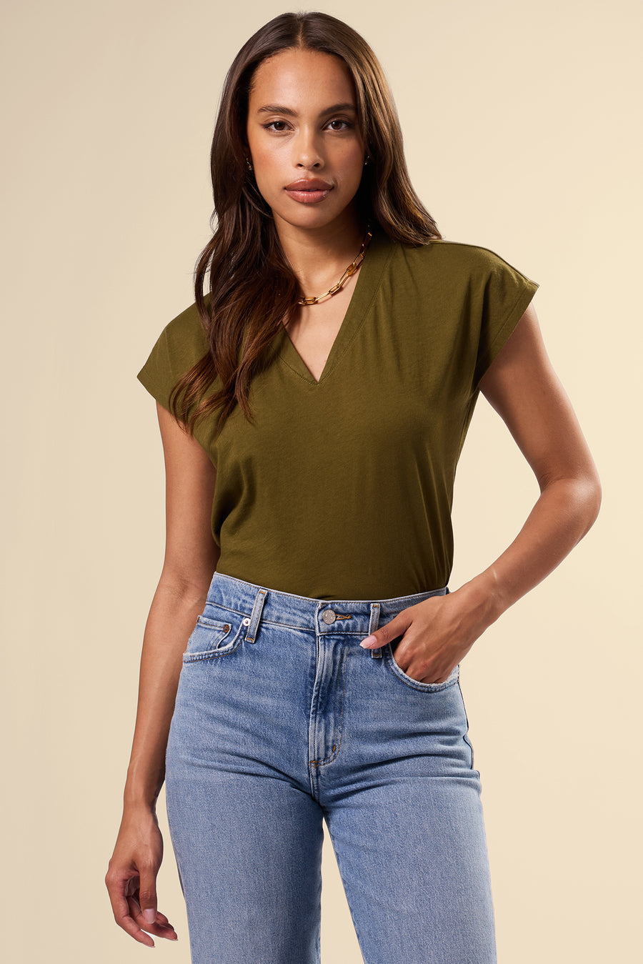 V Neck Solid Tee - Olive Green