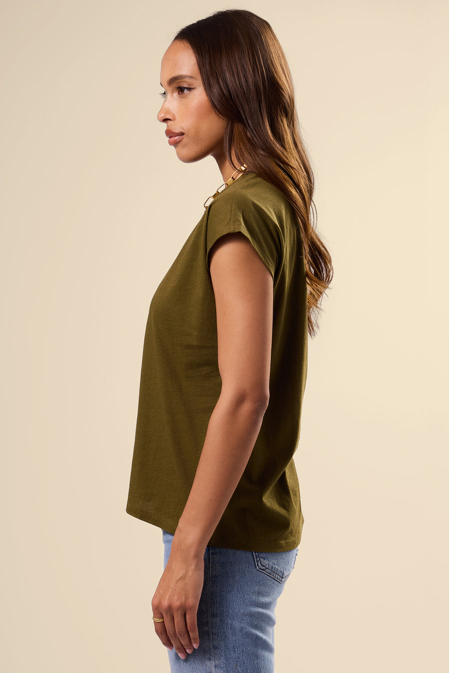 V Neck Solid Tee - Olive Green