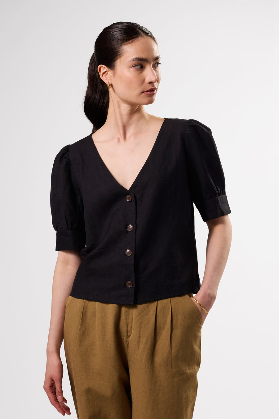 V Neck Cuff Sleeved Blouse - Black