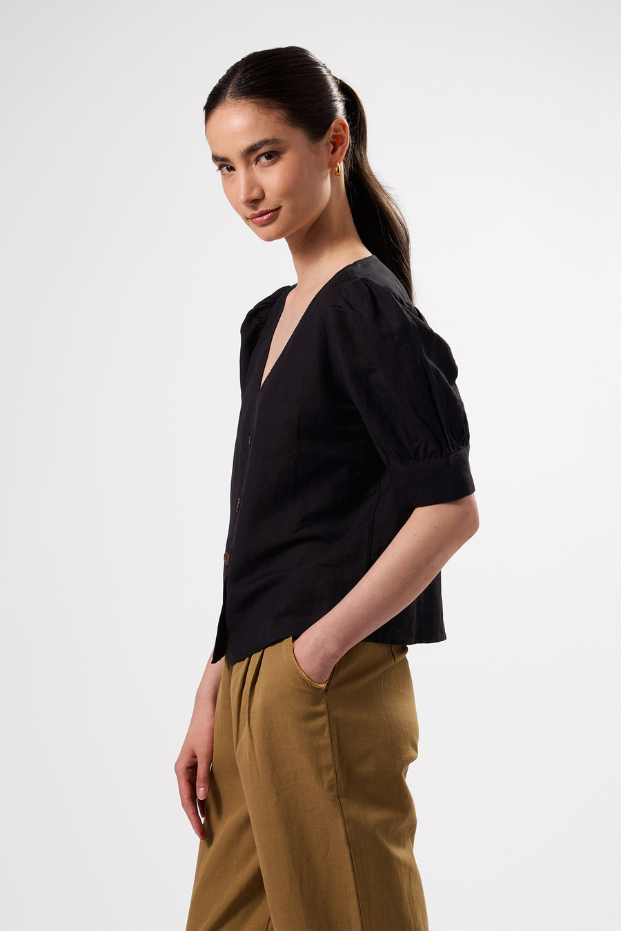 V Neck Cuff Sleeved Blouse - Black