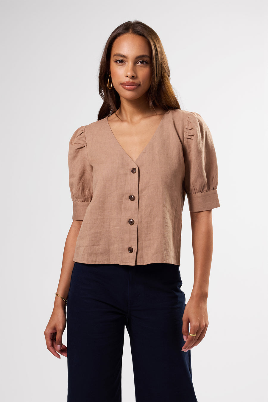 V Neck Cuff Sleeved Blouse - Sand