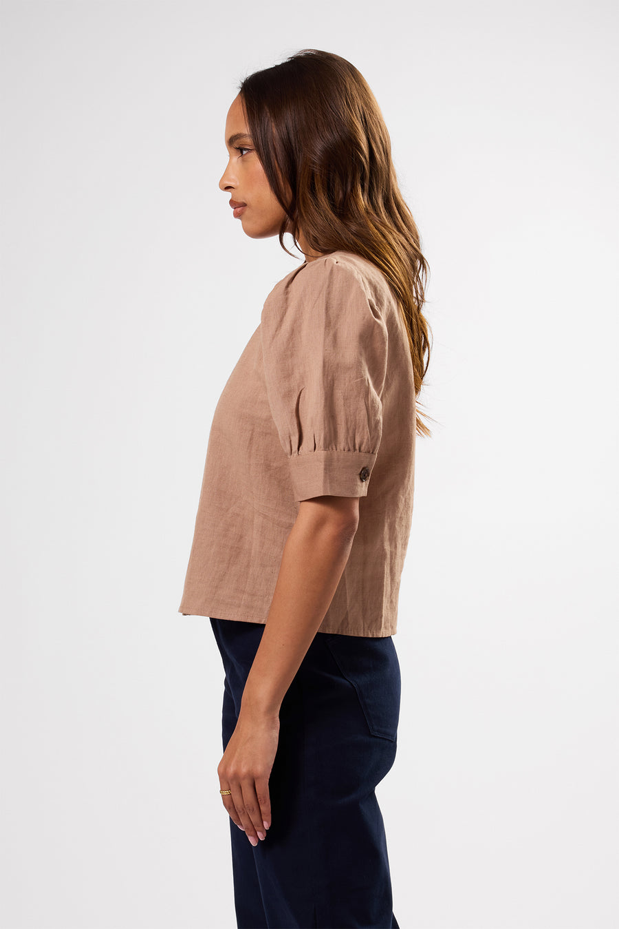 V Neck Cuff Sleeved Blouse - Sand