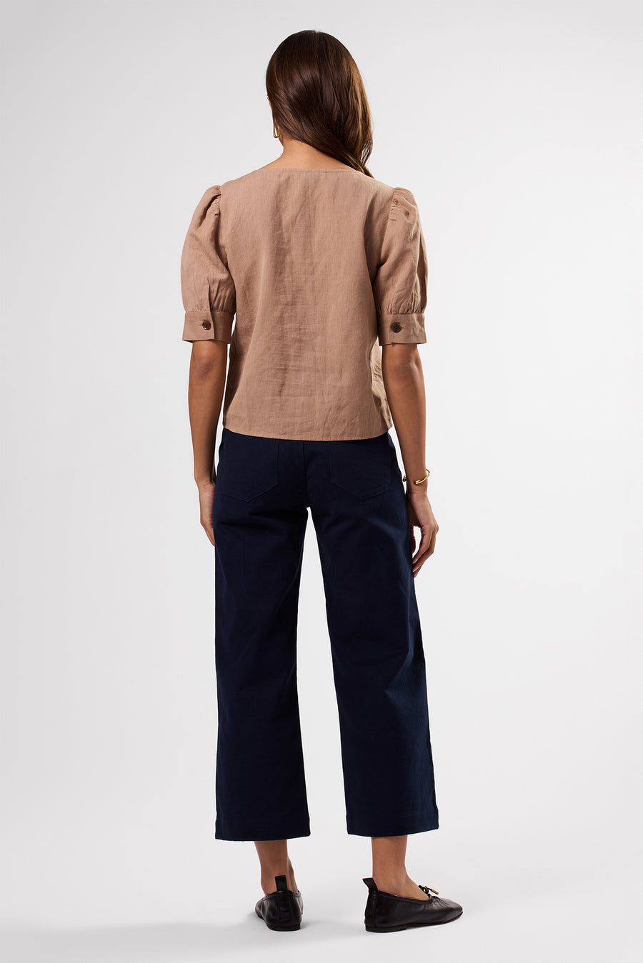 V Neck Cuff Sleeved Blouse - Sand