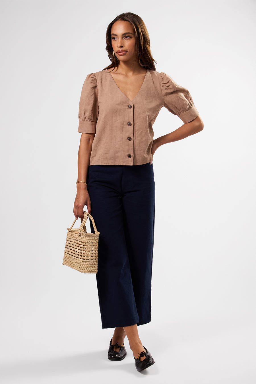 V Neck Cuff Sleeved Blouse - Sand