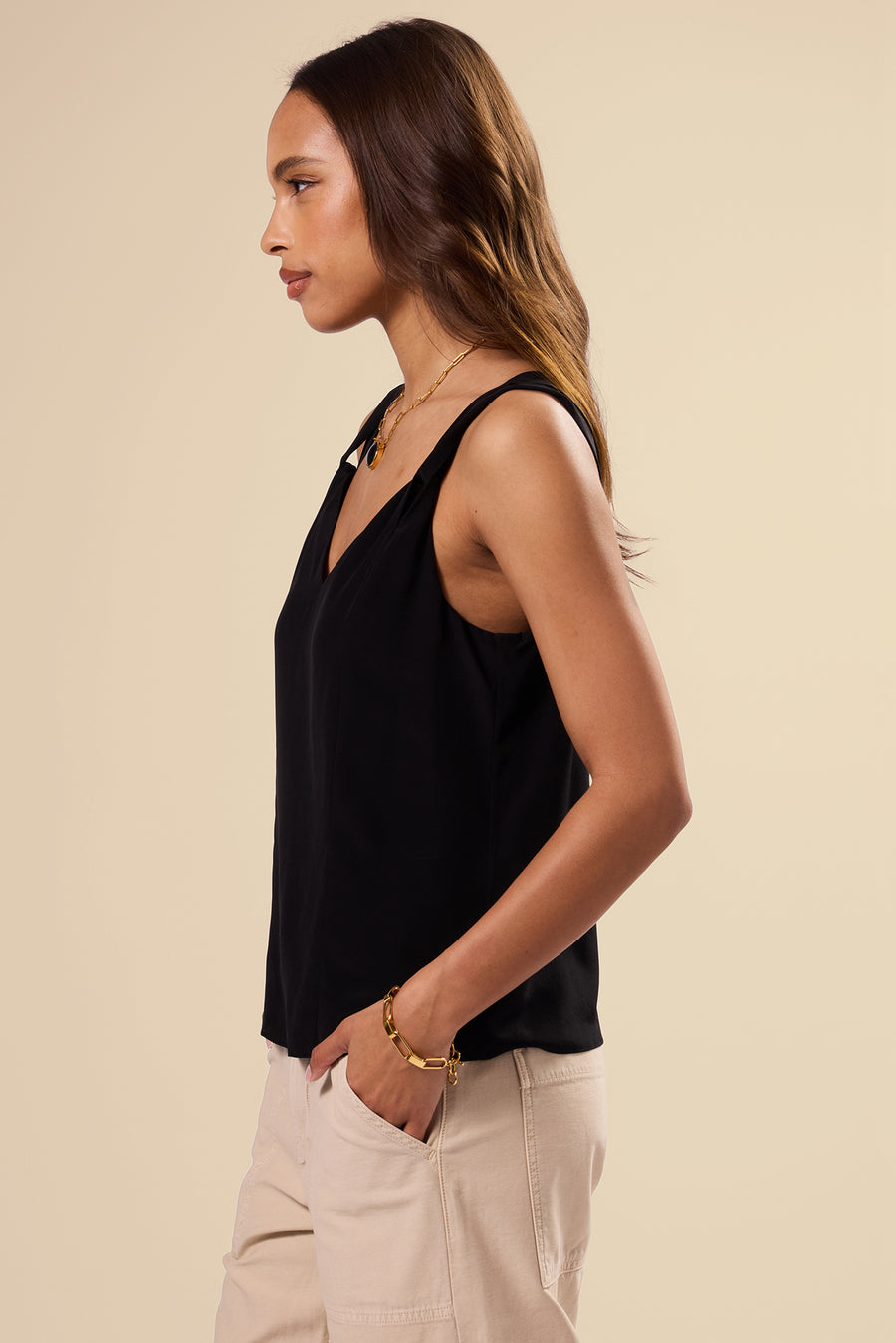 Twist Strap Washable Silk Tank - Black