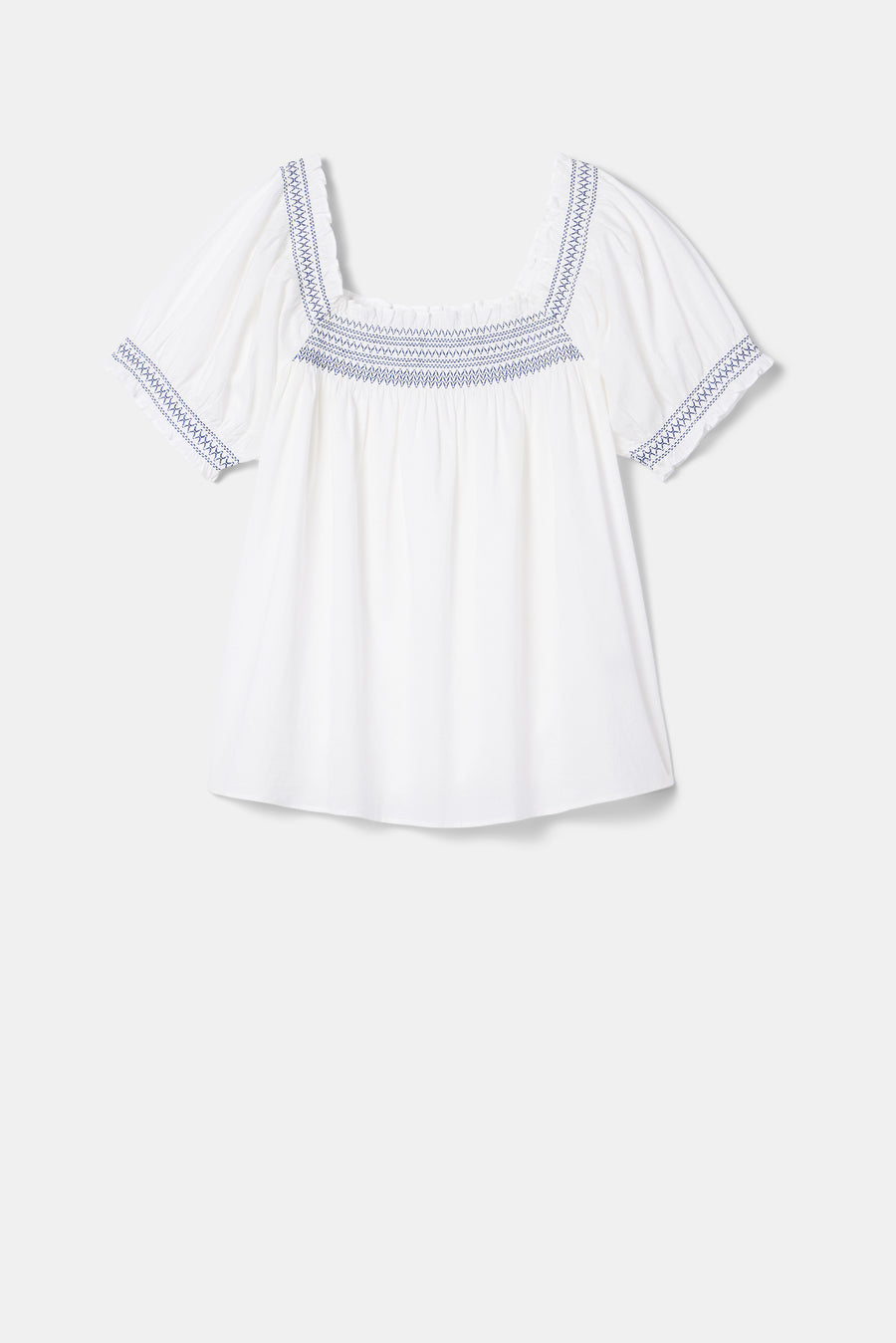 Embroidered Smocked Top - White Cobalt Embroidery