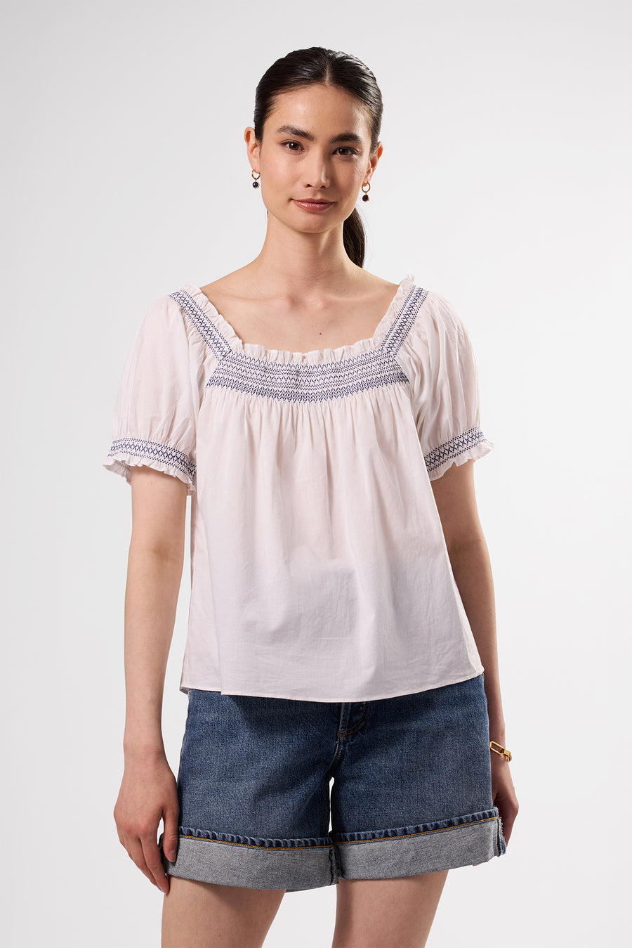 Embroidered Smocked Top - White Cobalt Embroidery