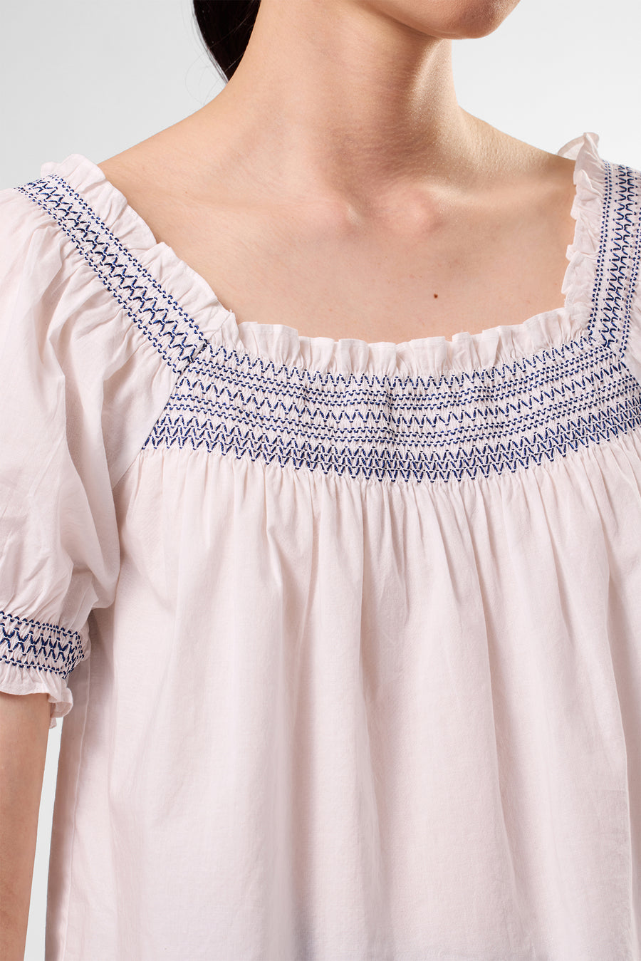 Embroidered Smocked Top - White Cobalt Embroidery