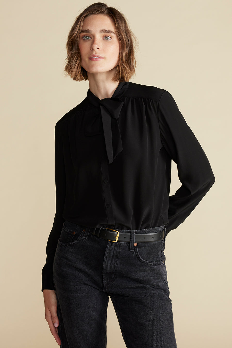 Milla Washable Silk Bow Blouse - Black