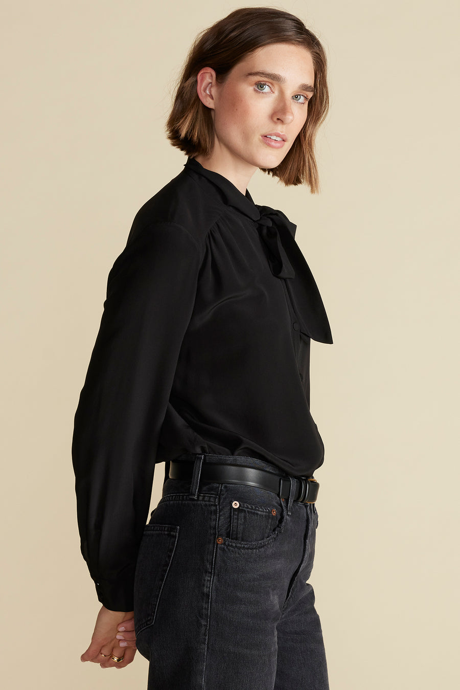 Milla Washable Silk Bow Blouse - Black