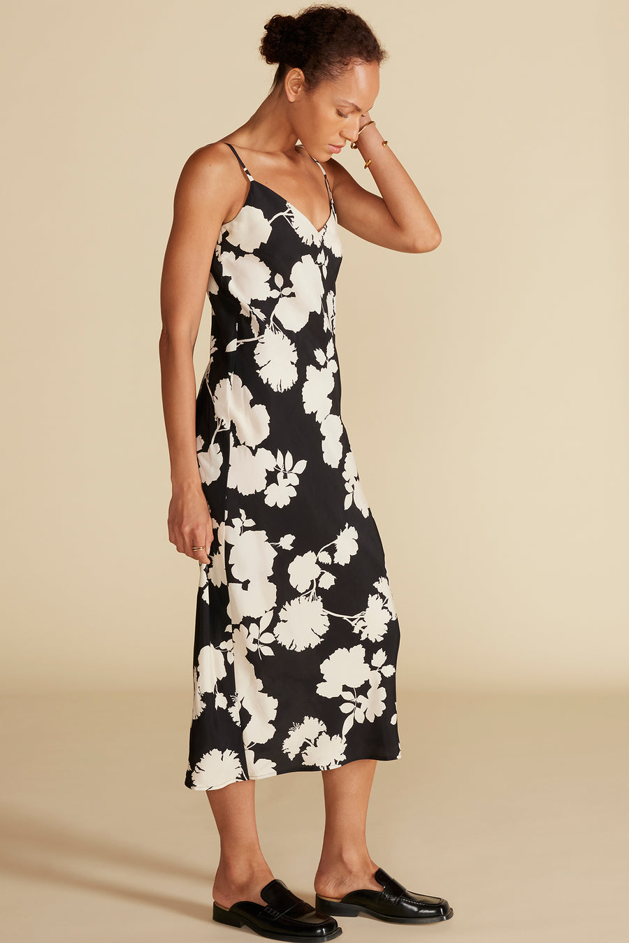 Eloise Cupro Slip Dress - Black and Ivory Rose Print