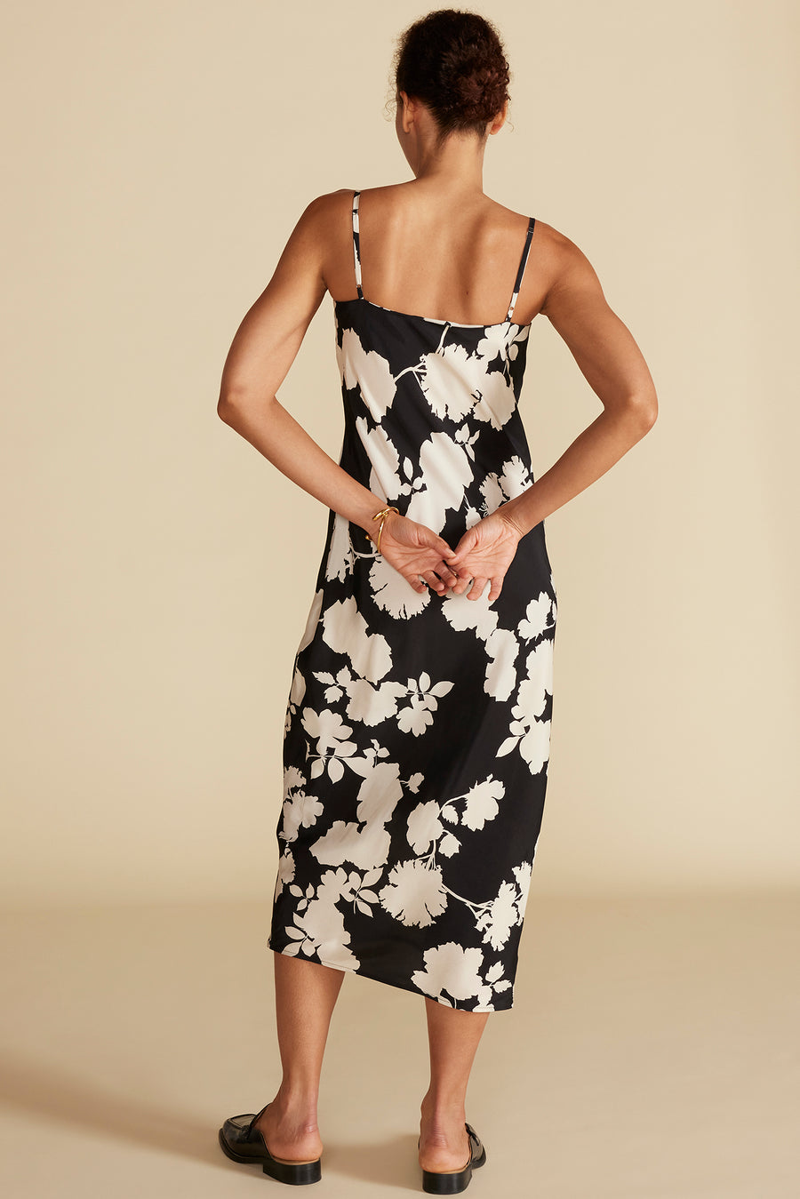 Eloise Cupro Slip Dress - Black and Ivory Rose Print