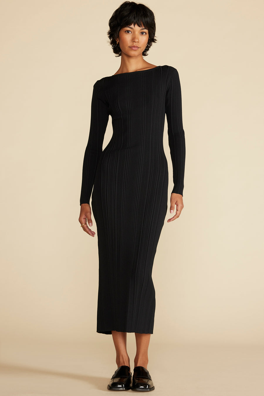 Chantae Ribbed Boatneck Dress - Black