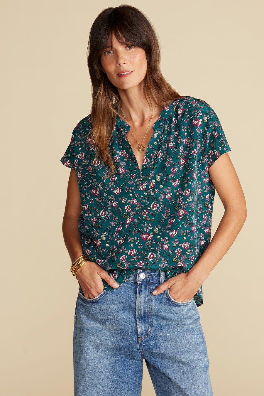 Renata Washable Silk Blouse - Chloe Green Floral Print