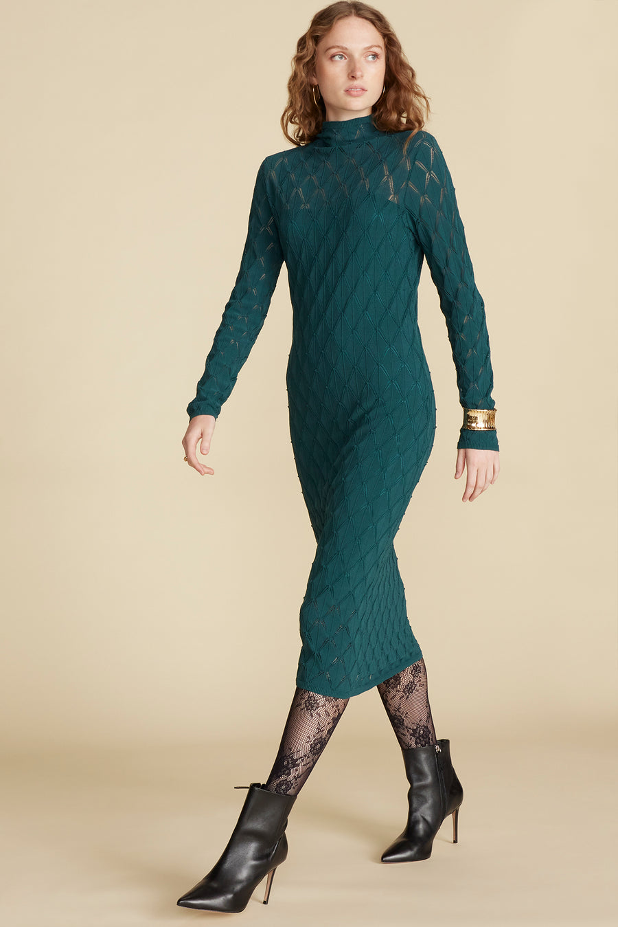 Dore Diamond Pointelle Midi Dress - Teal Blue