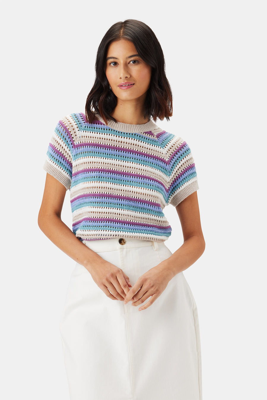 Rosario Crochet Top - Aqua Blue Multi Stripe