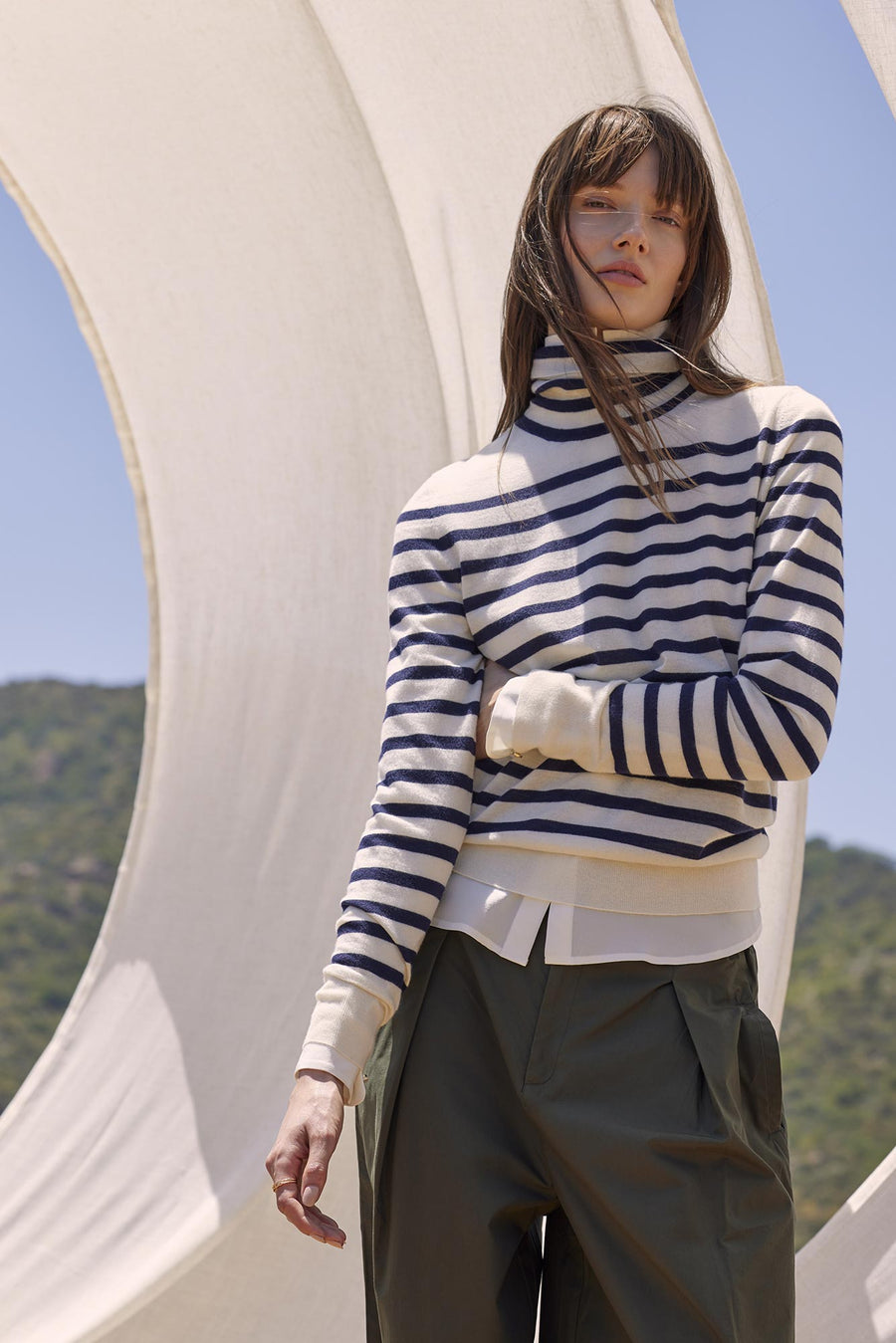 Carrie Turtleneck Cashmere Sweater - Ivory and Navy Blue Stripe