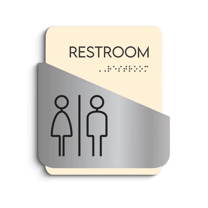 Modern restroom sign with silver panel and tactile Braille text