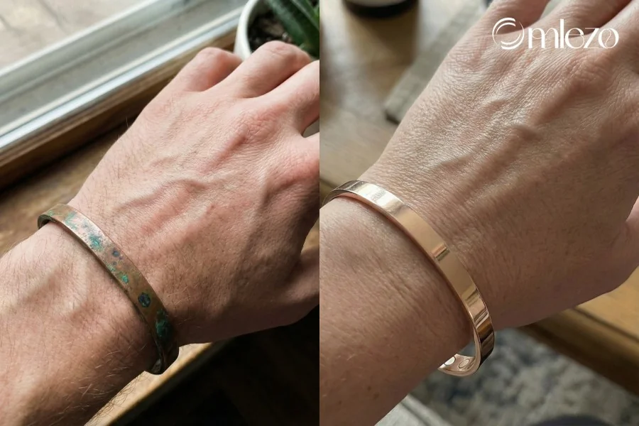 Comparison of a tarnished copper bracelet and a polished Omlezo copper magnetic bracelet on the wrist