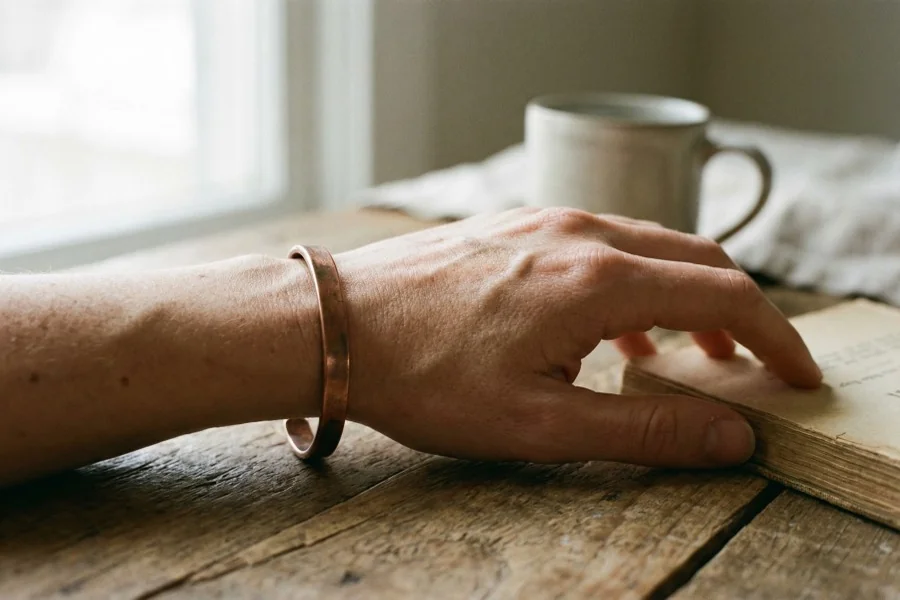 Person wearing a copper magnetic bracelet while reading at a wooden table
