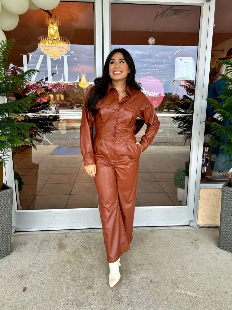 brown leather jumpsuit
