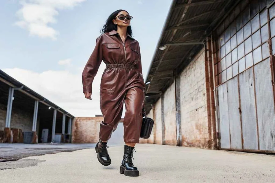 brown leather jumpsuit
