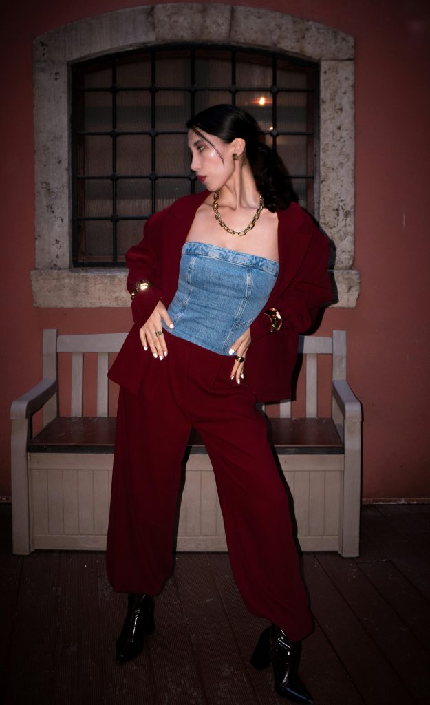 burgundy pant suit