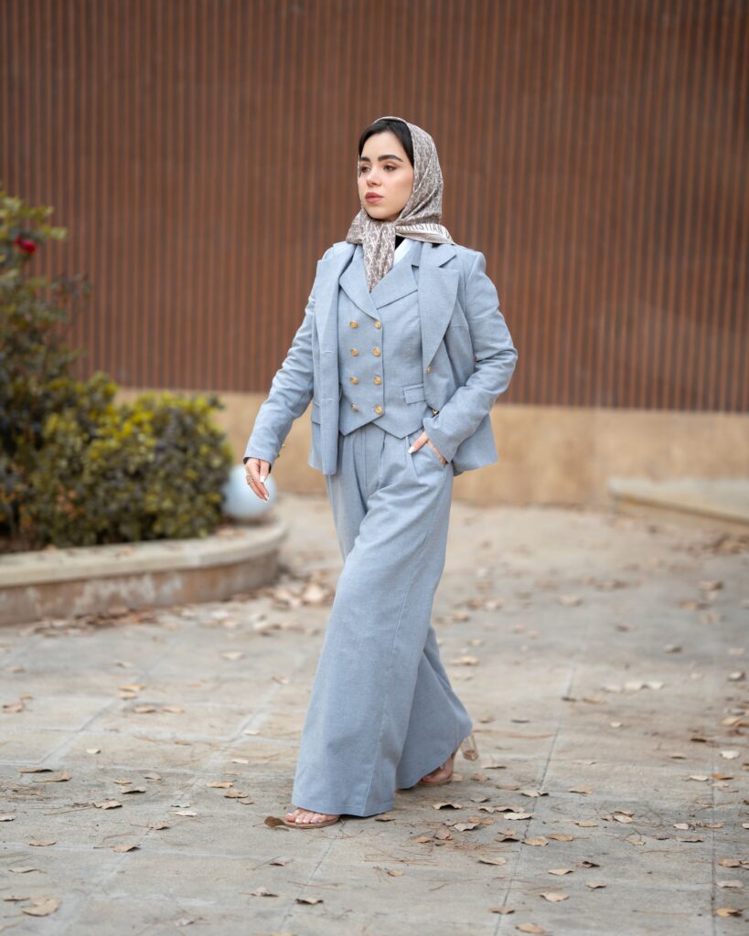 light blue pant suit