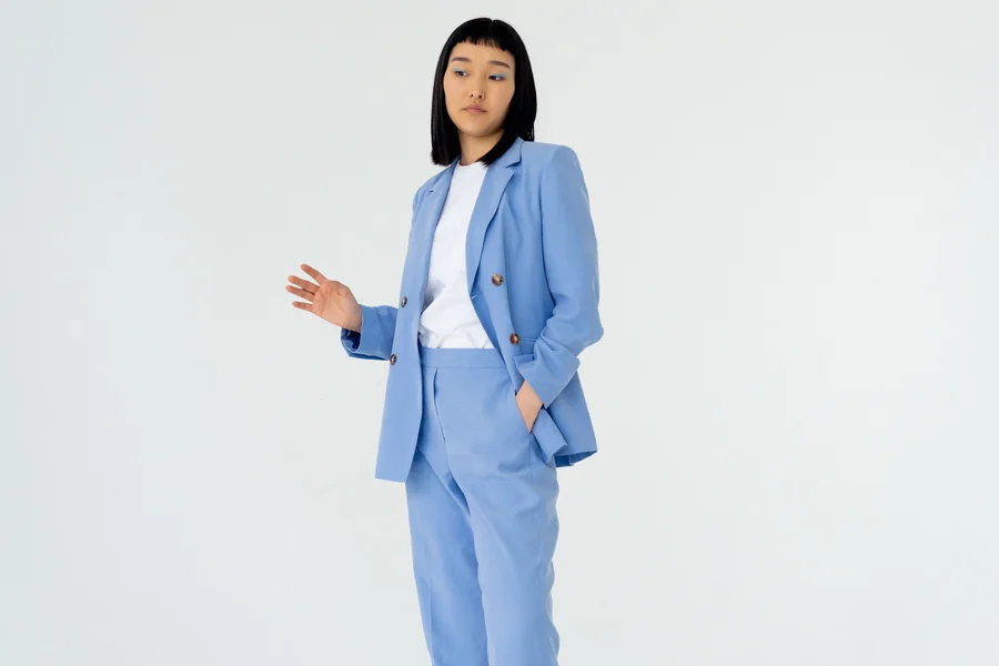 light blue pant suit